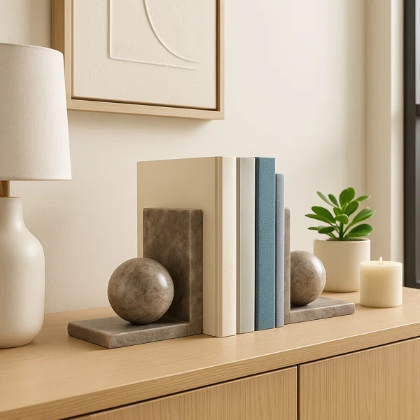 Decorative Bookends With Ball Orbs Accent - Modern Bookshelf Decor For Shelf, Office Desk, Or Home Decor Book Ends - Image 2